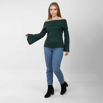 La Reine Off Shoulder Flare Sleeve Olive Green Sweater