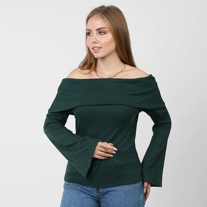 La Reine Off Shoulder Flare Sleeve Olive Green Sweater