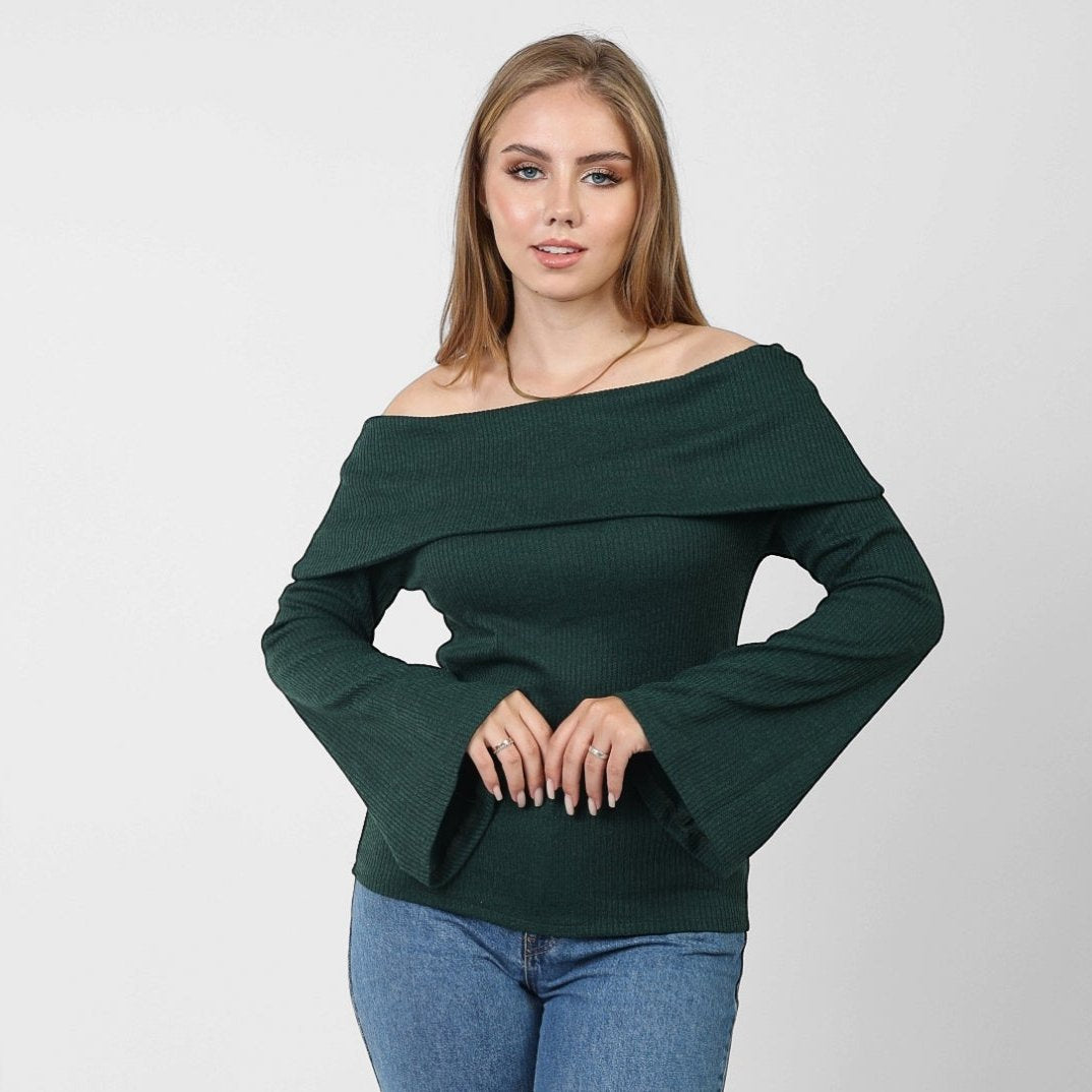 La Reine Off Shoulder Flare Sleeve Olive Green Sweater