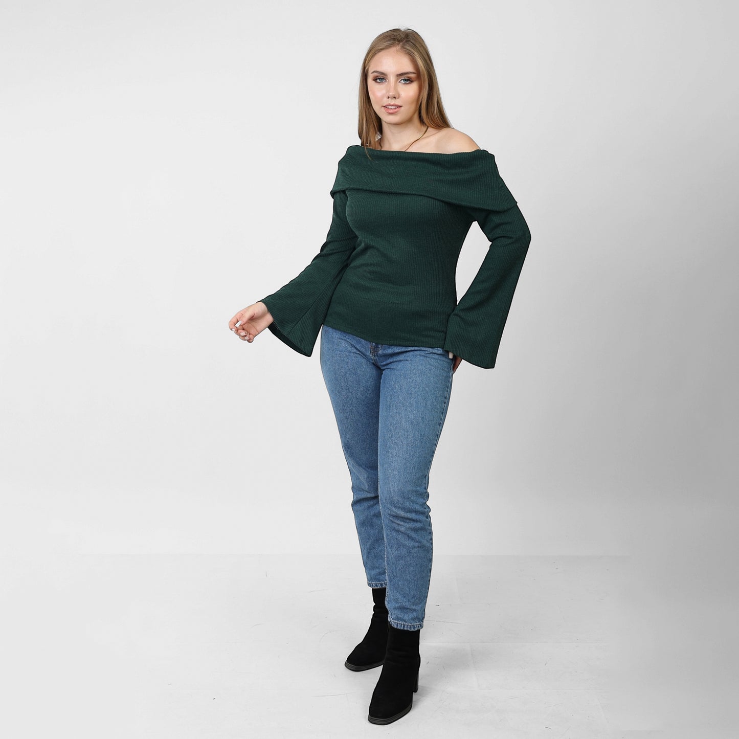 La Reine Off Shoulder Flare Sleeve Olive Green Sweater