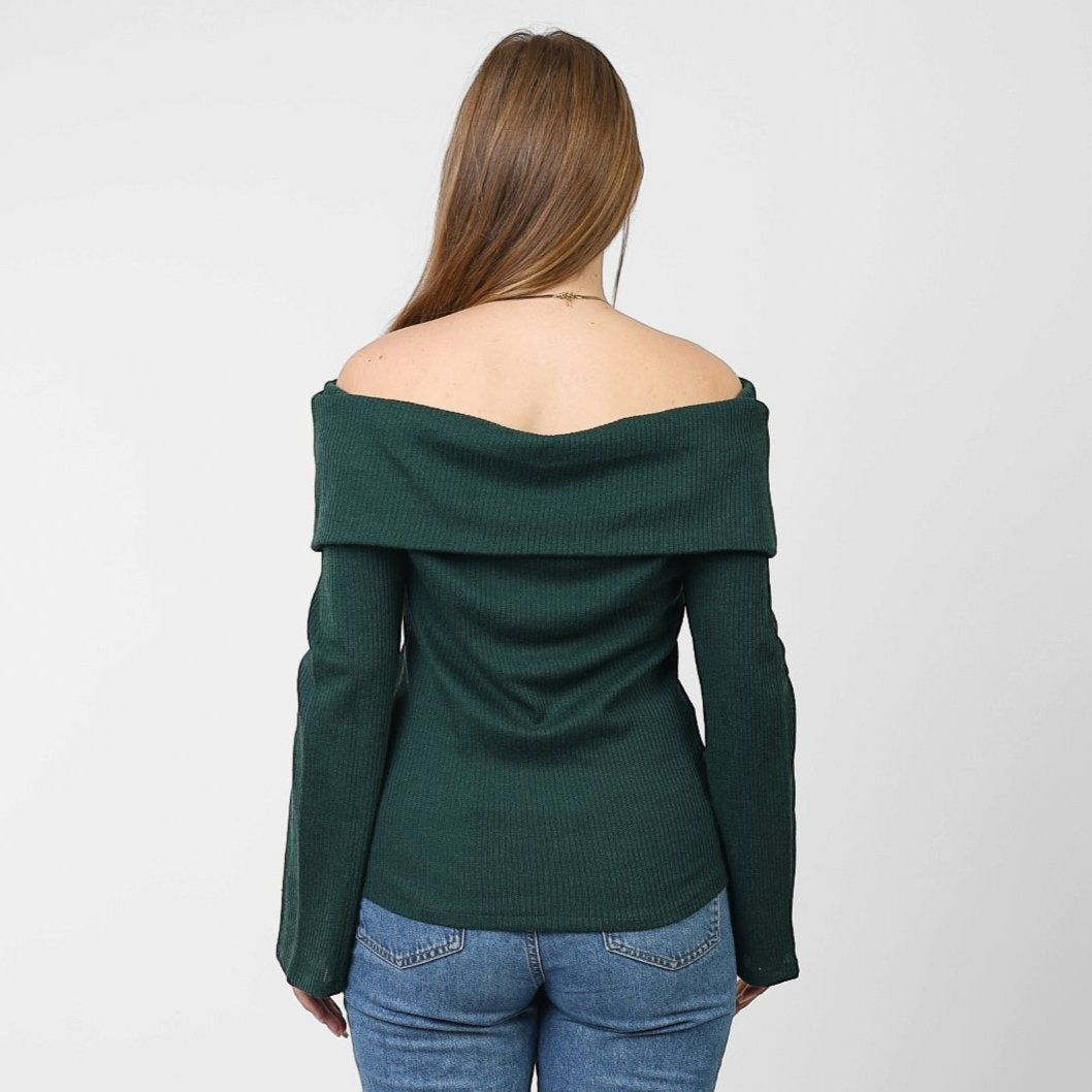 La Reine Off Shoulder Flare Sleeve Olive Green Sweater