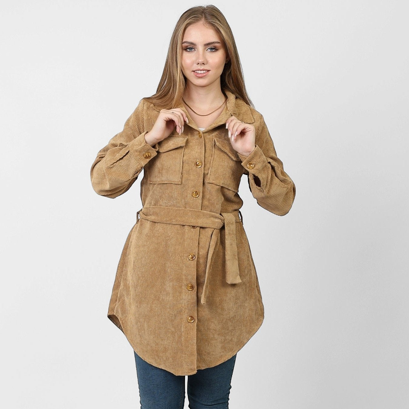 La Reine Front Button Casual Beige Shirt Dress