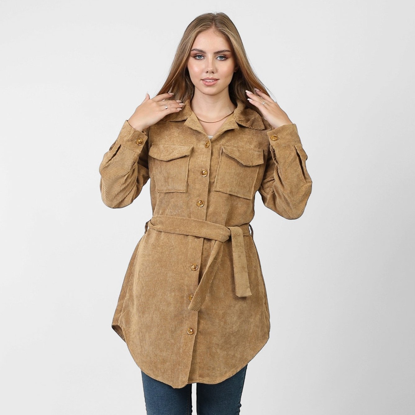 La Reine Front Button Casual Beige Shirt Dress