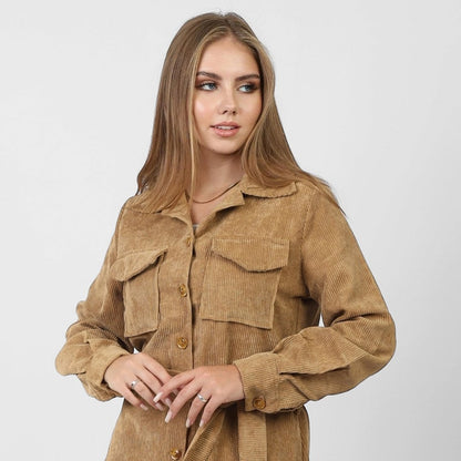 La Reine Front Button Casual Beige Shirt Dress