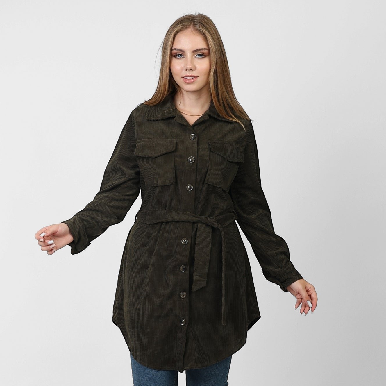 La Reine Front Button Casual Olive Green Shirt Dress