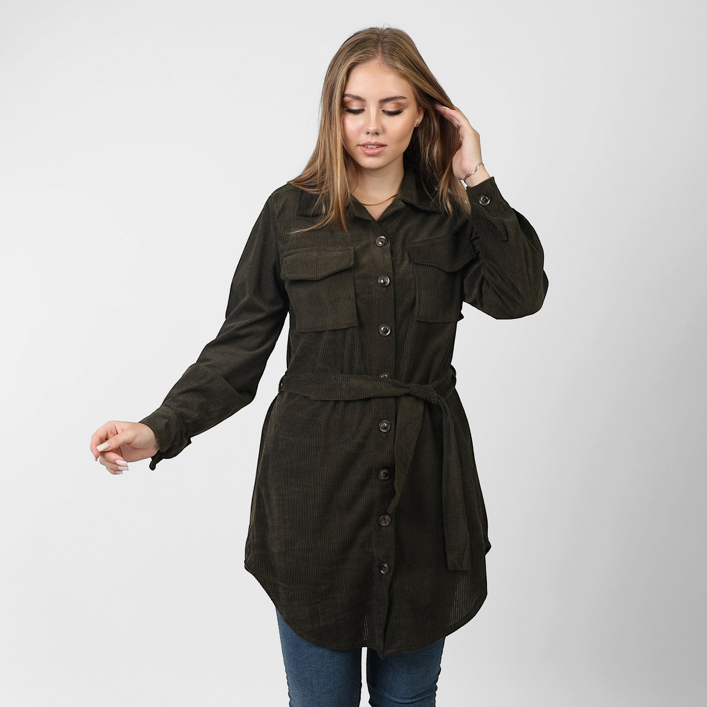 La Reine Front Button Casual Olive Green Shirt Dress