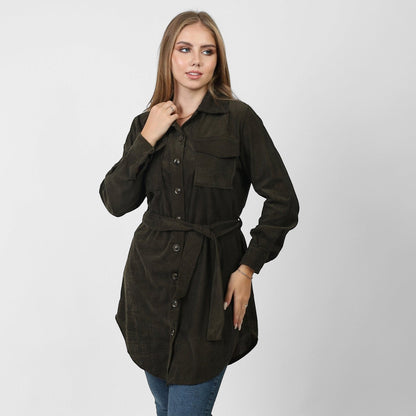 La Reine Front Button Casual Olive Green Shirt Dress