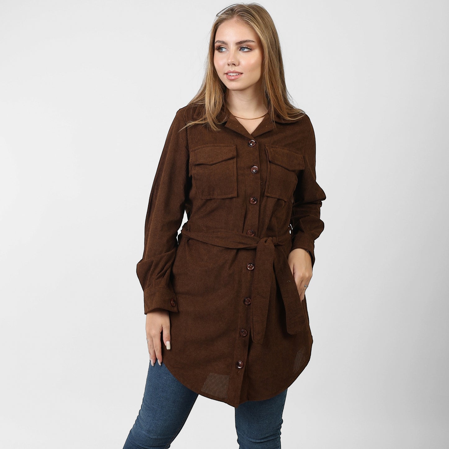 La Reine Front Button Casual Brown Shirt Dress