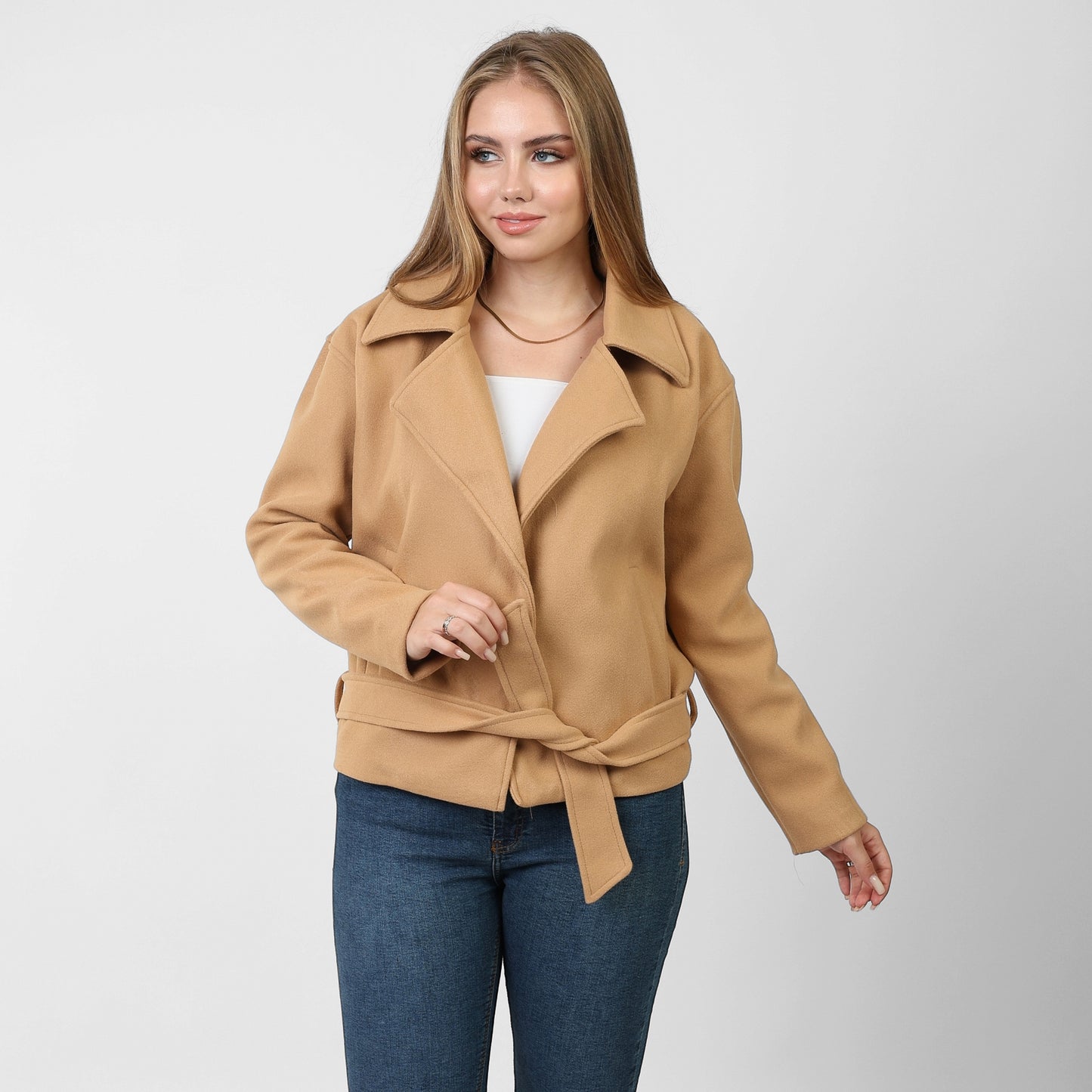 La Reine Short Woolen Beige Coat with Belt