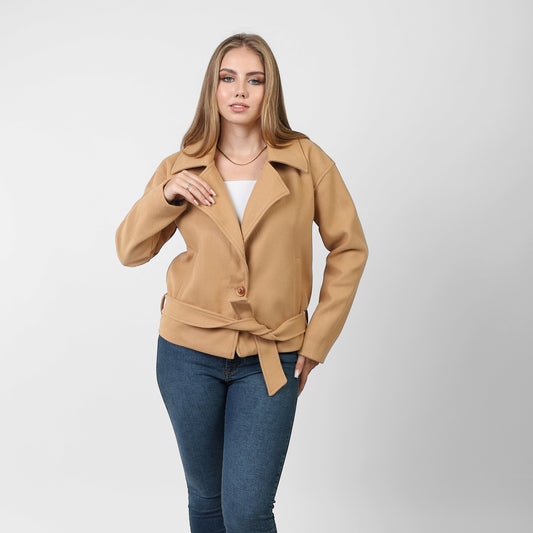 La Reine Short Woolen Beige Coat with Belt