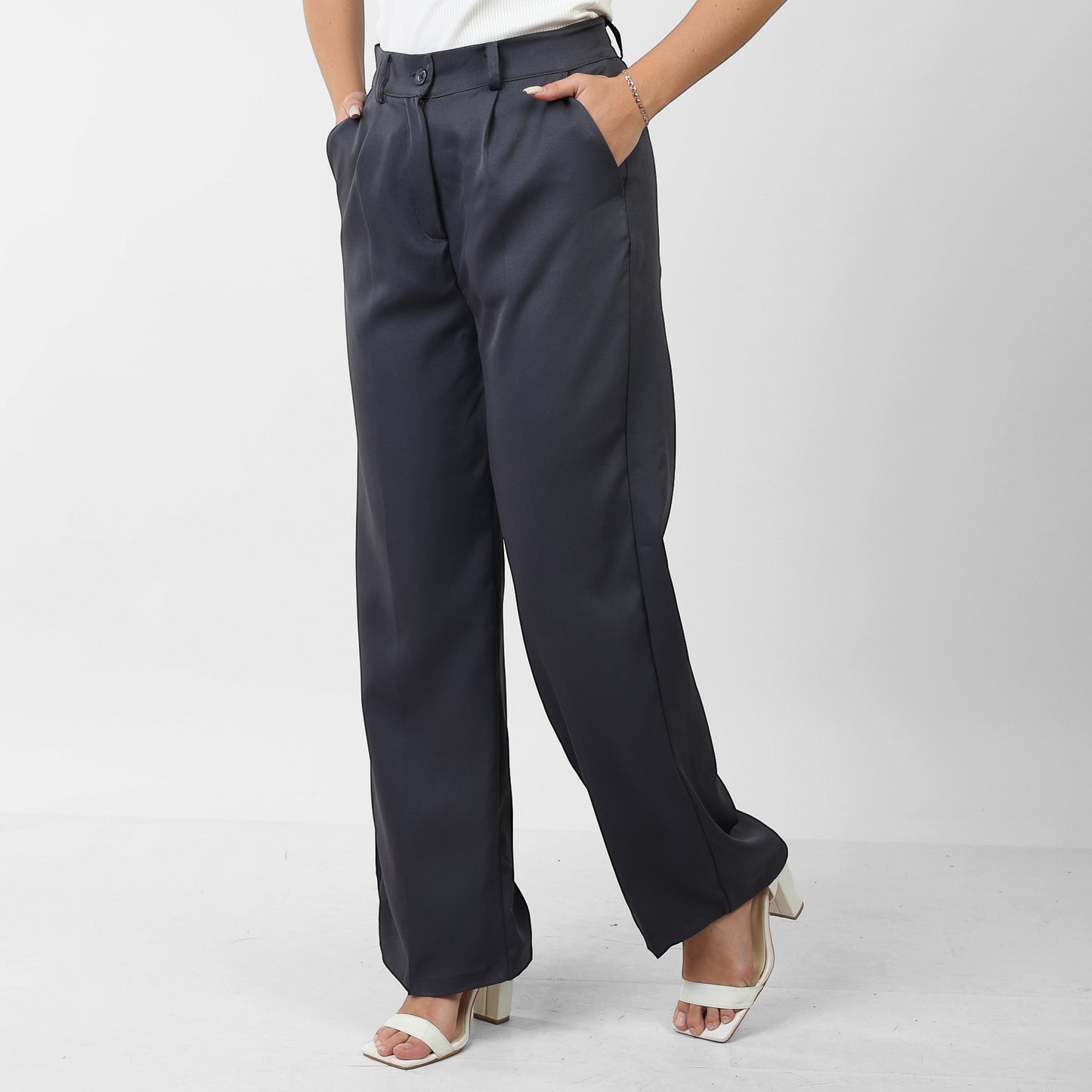 La Reine Retro Plicated Wide Leg High Waist Grey Pants