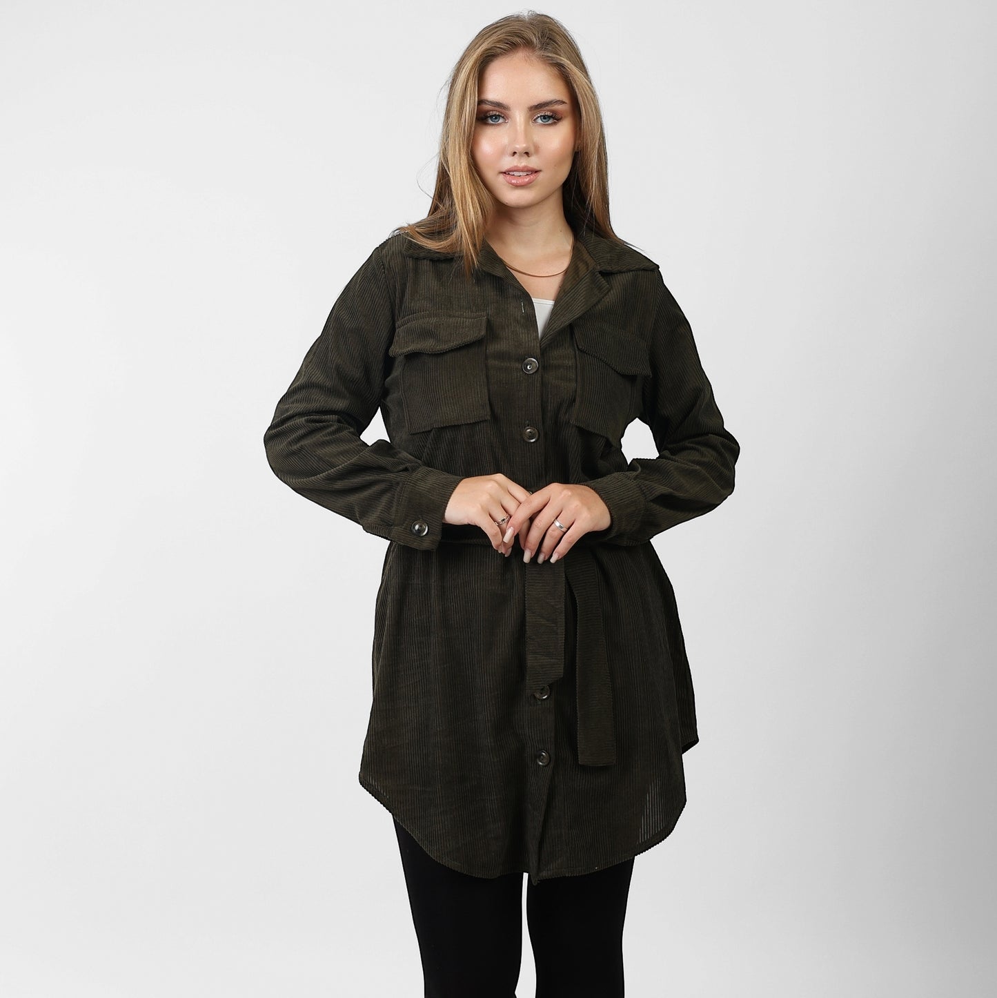 La Reine Front Button Casual Olive Green Shirt Dress