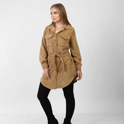 La Reine Front Button Casual Beige Shirt Dress