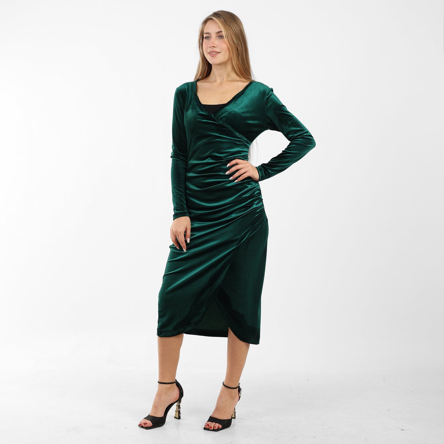 La Reine Green Elegant Wrap Velvet Midi Dress