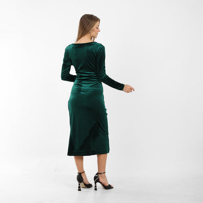 La Reine Green Elegant Wrap Velvet Midi Dress