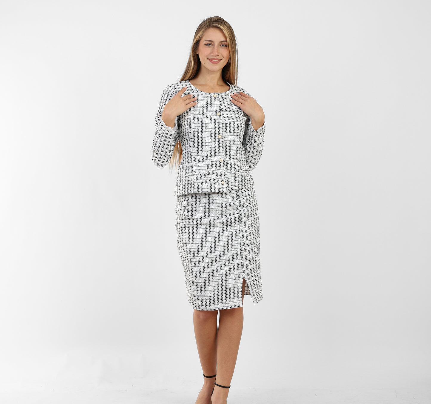 La Reine White Tweed Short Jacket with Split Skirt, Suit Set