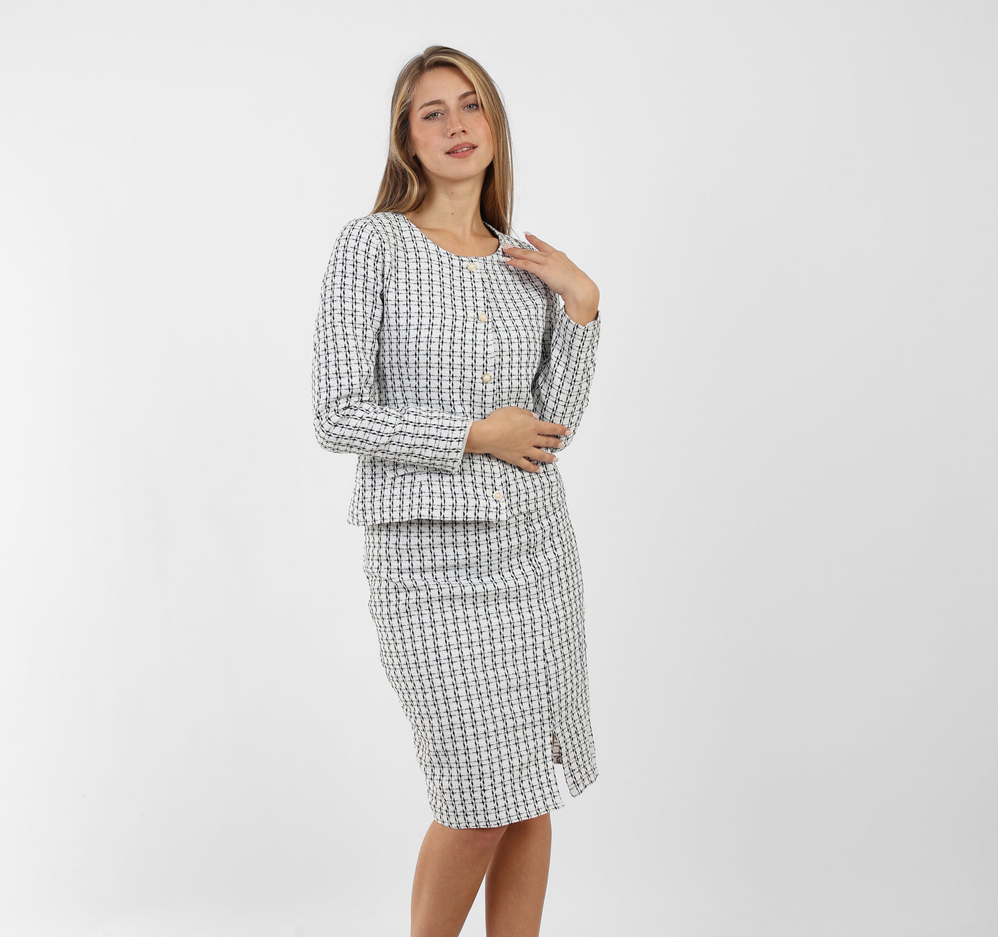 La Reine White Tweed Short Jacket with Split Skirt, Suit Set