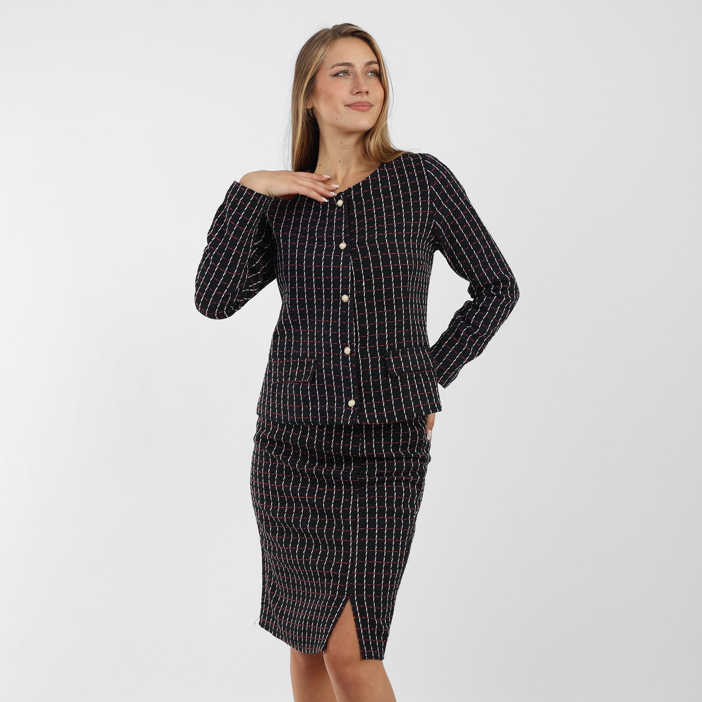 La Reine Blue Black Tweed Short Jacket with Split Skirt, Suit Set