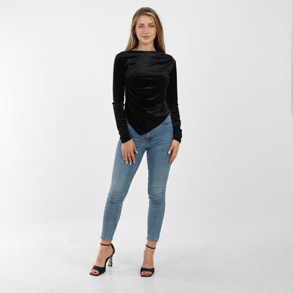 La Reine Black Asymmetrical Neck Line Long Sleeve Velvet Top