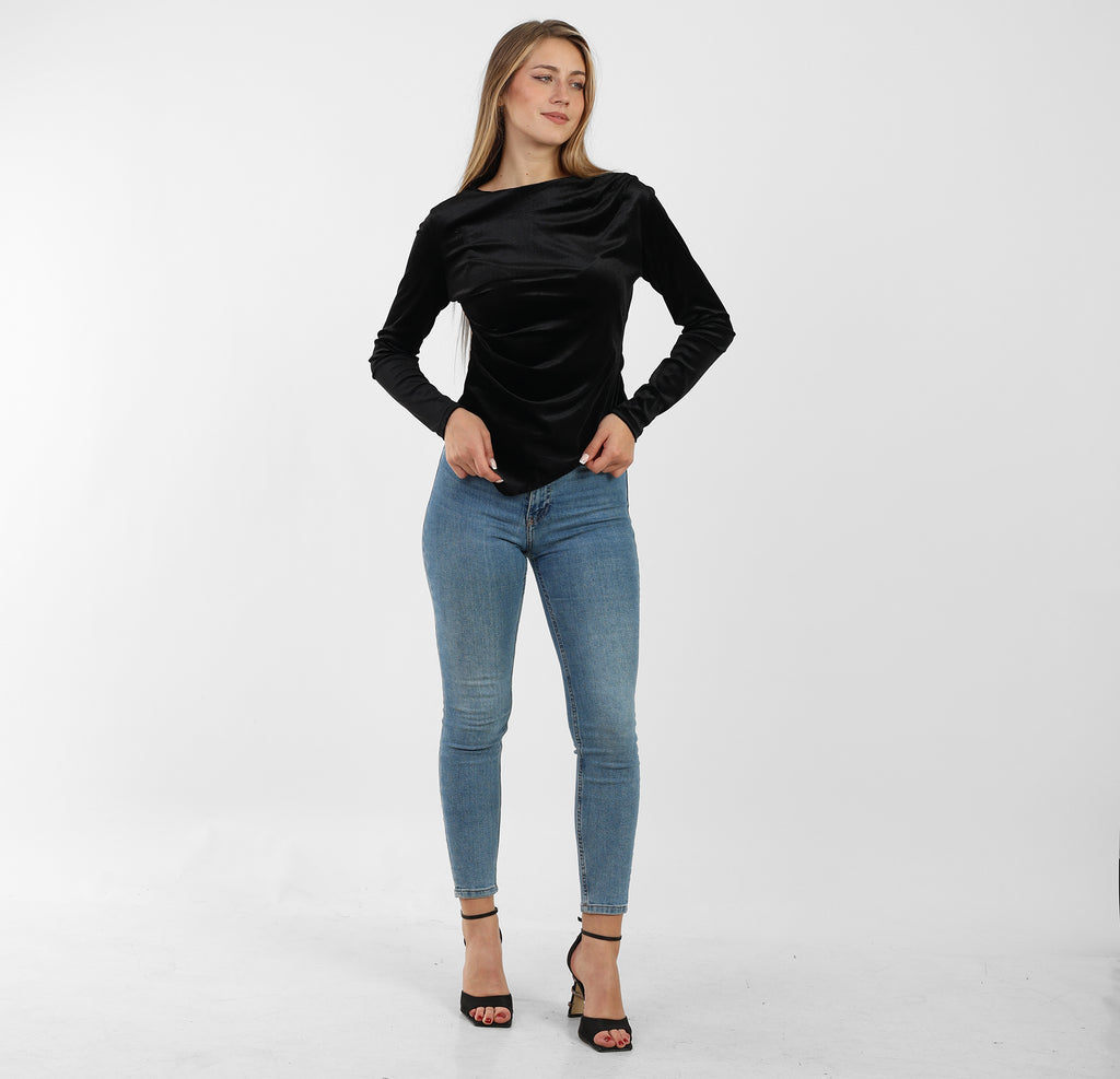 La Reine Black Asymmetrical Neck Line Long Sleeve Velvet Top