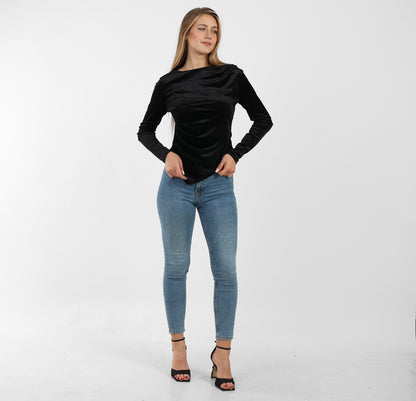 La Reine Black Asymmetrical Neck Line Long Sleeve Velvet Top