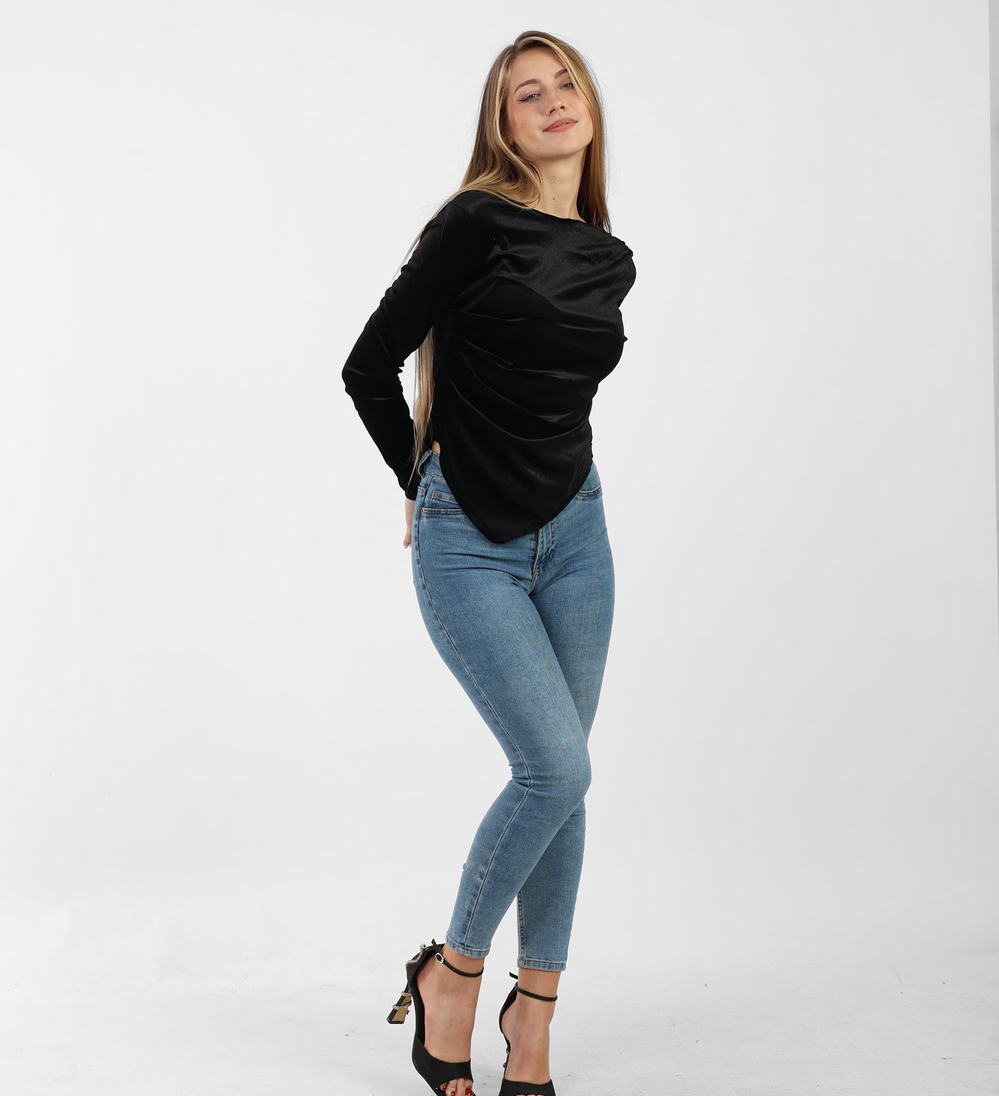 La Reine Black Asymmetrical Neck Line Long Sleeve Velvet Top