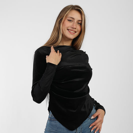 La Reine Black Asymmetrical Neck Line Long Sleeve Velvet Top