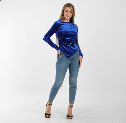 La Reine Blue Asymmetrical Neck Line Long Sleeve Velvet Top