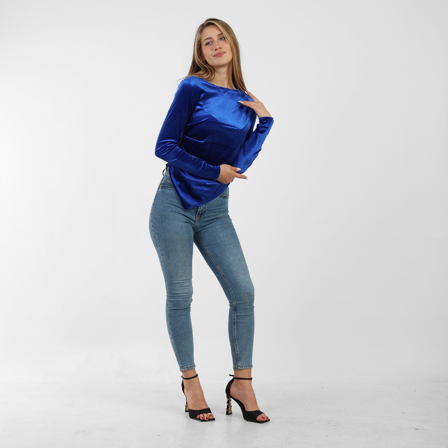 La Reine Blue Asymmetrical Neck Line Long Sleeve Velvet Top