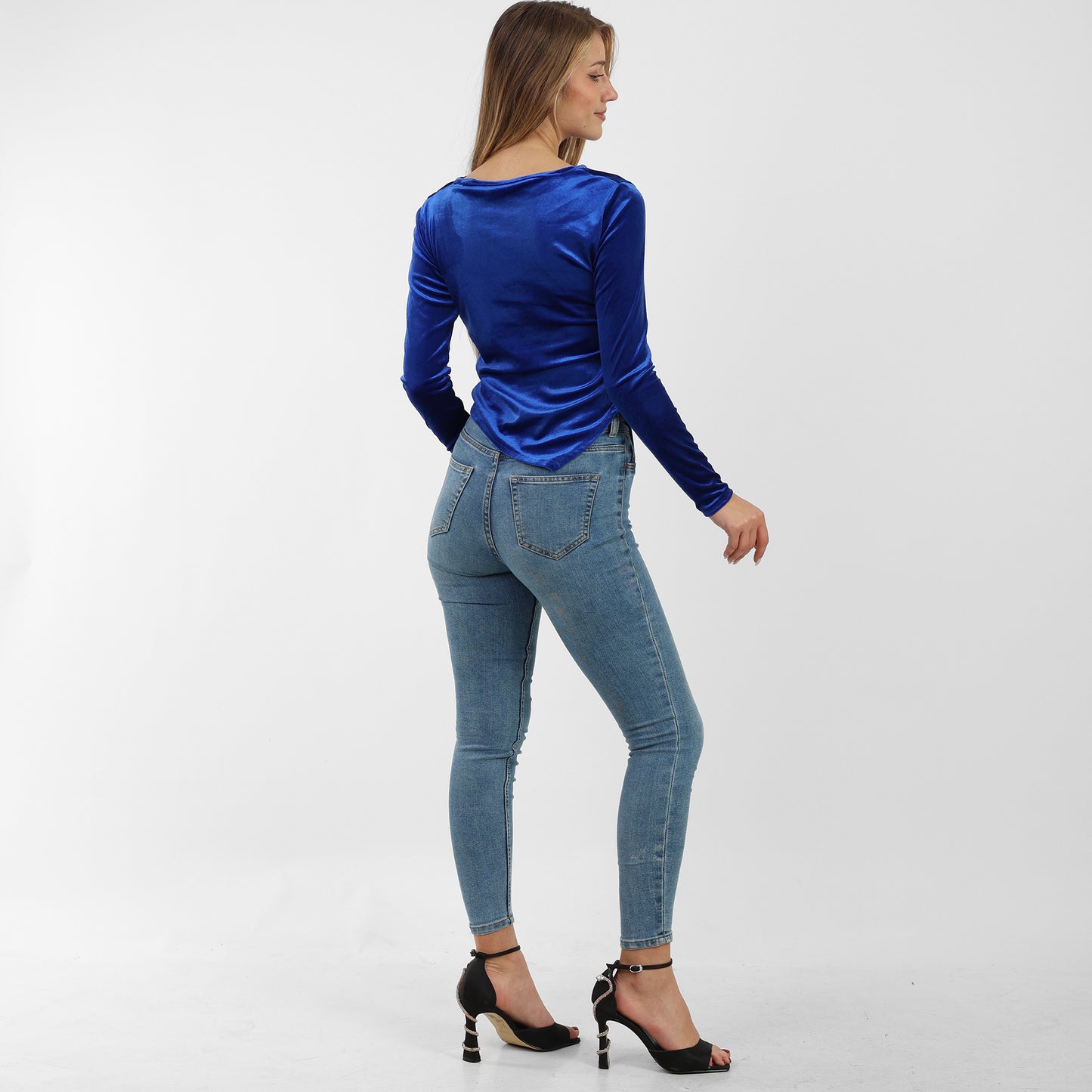 La Reine Blue Asymmetrical Neck Line Long Sleeve Velvet Top