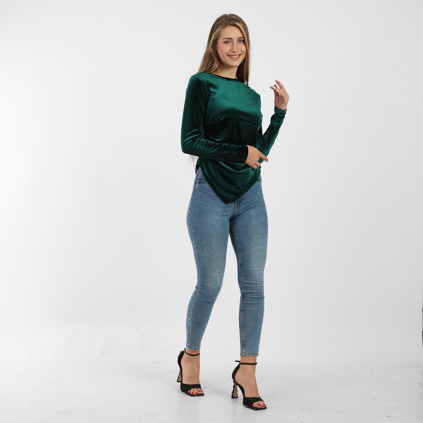 La Reine Olive Asymmetrical Neck Line Long Sleeve Velvet Top