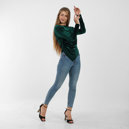 La Reine Olive Asymmetrical Neck Line Long Sleeve Velvet Top