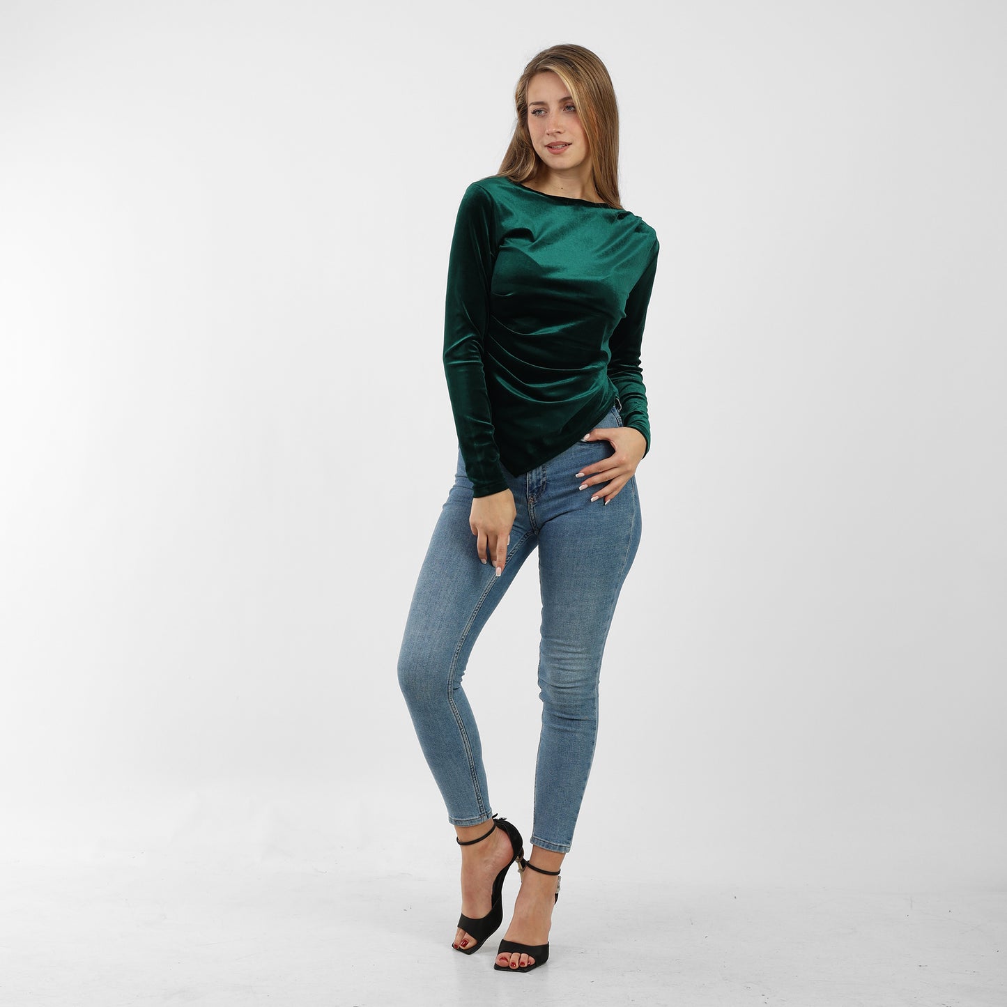 La Reine Olive Asymmetrical Neck Line Long Sleeve Velvet Top