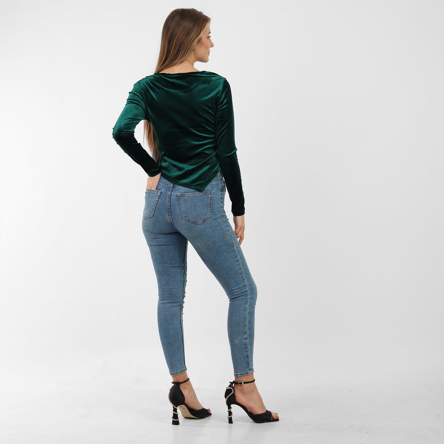 La Reine Olive Asymmetrical Neck Line Long Sleeve Velvet Top