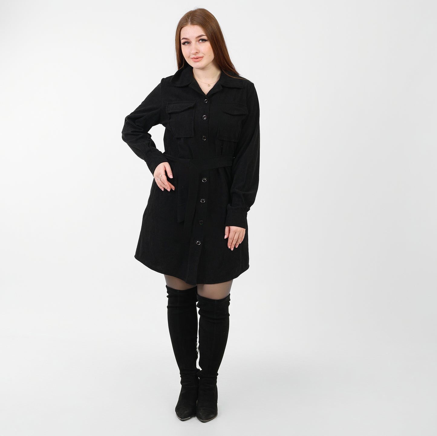 La Reine Front Button Casual Black Shirt Dress