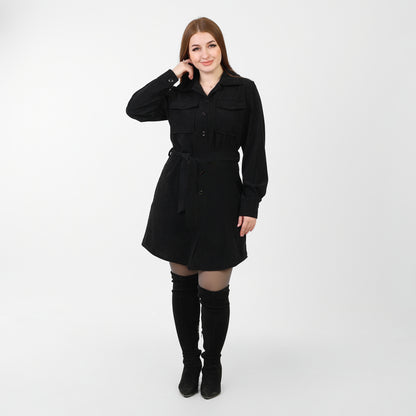 La Reine Front Button Casual Black Shirt Dress