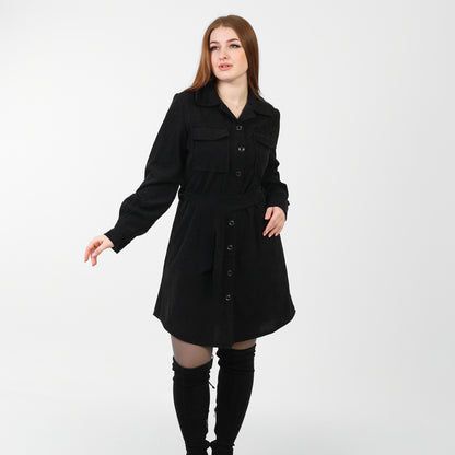 La Reine Front Button Casual Black Shirt Dress