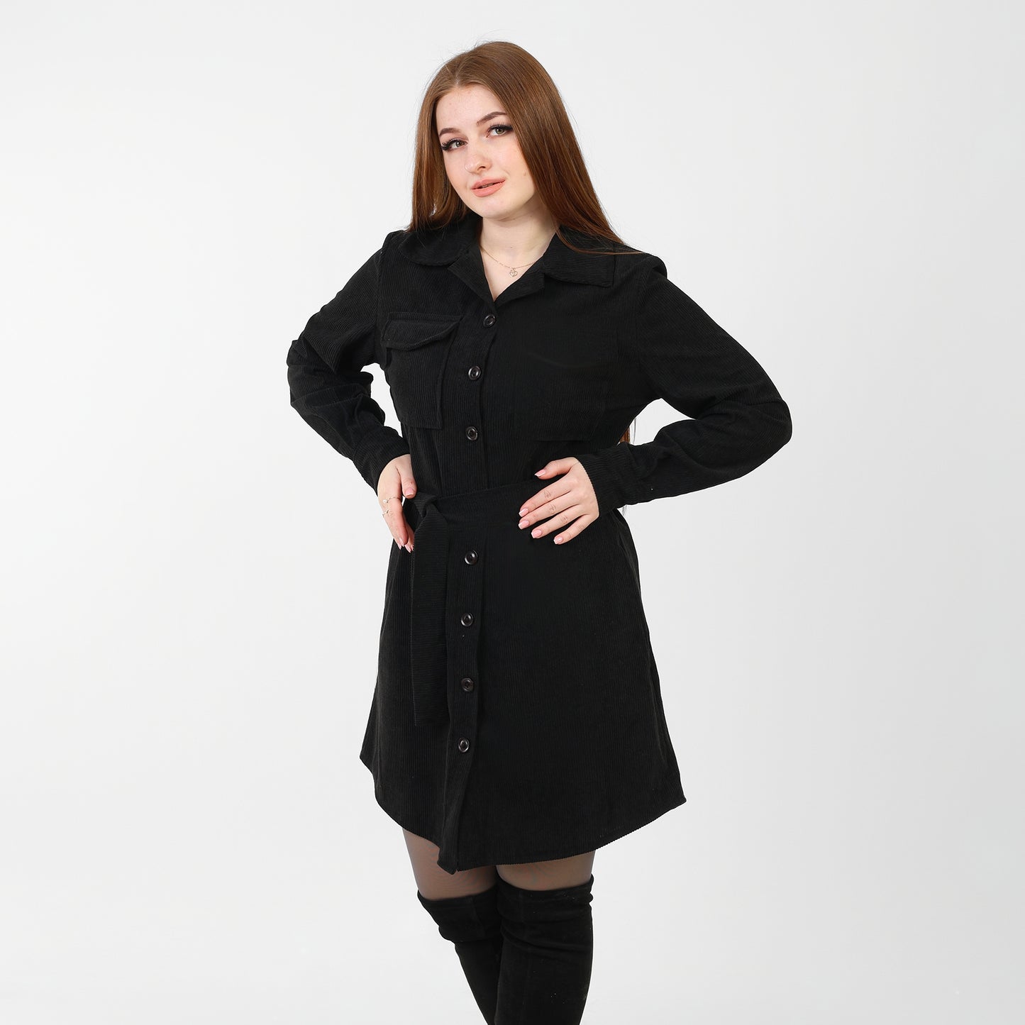 La Reine Front Button Casual Black Shirt Dress