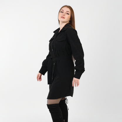 La Reine Front Button Casual Black Shirt Dress