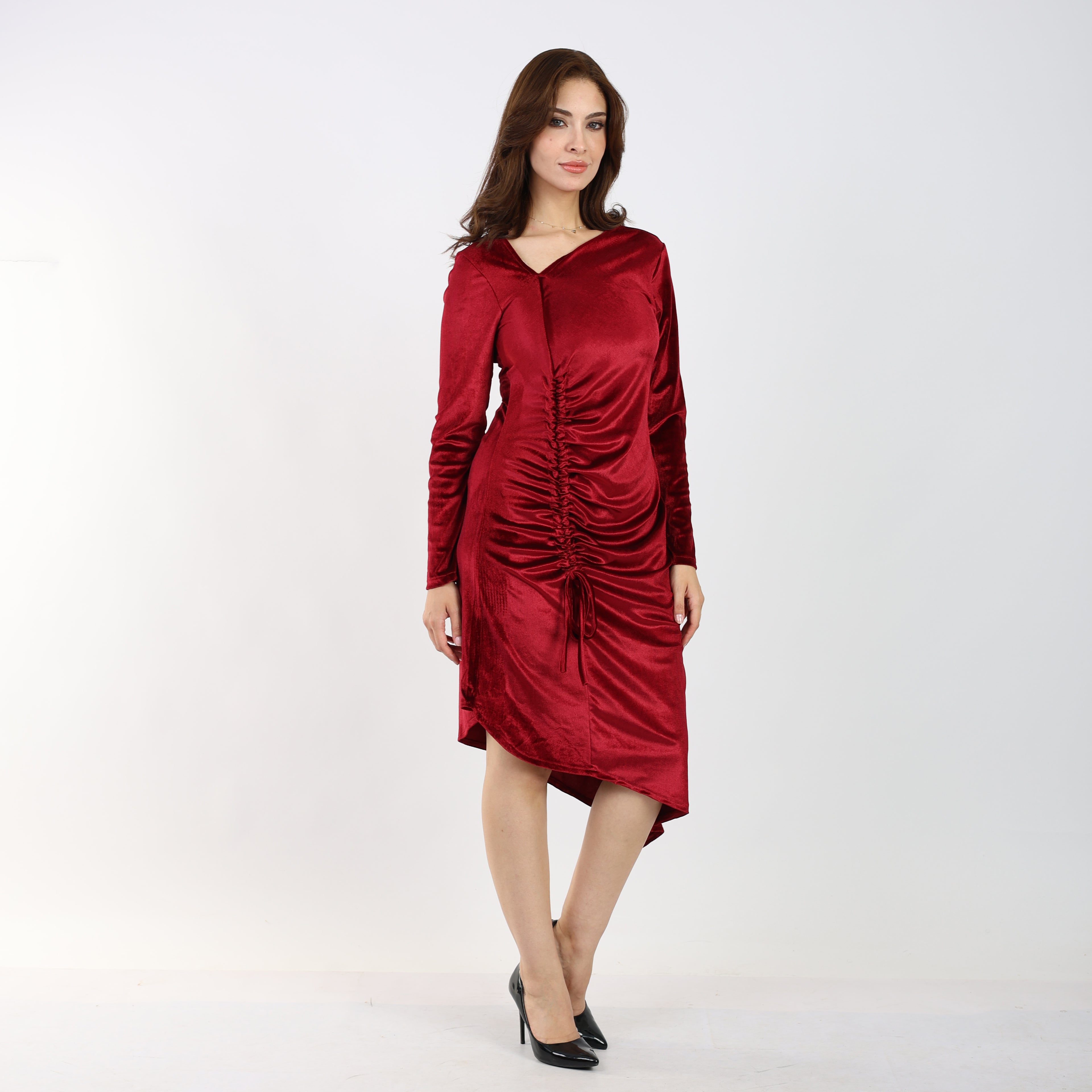 La Reine Brugeundy Velvet Asymmetric Midi Dress