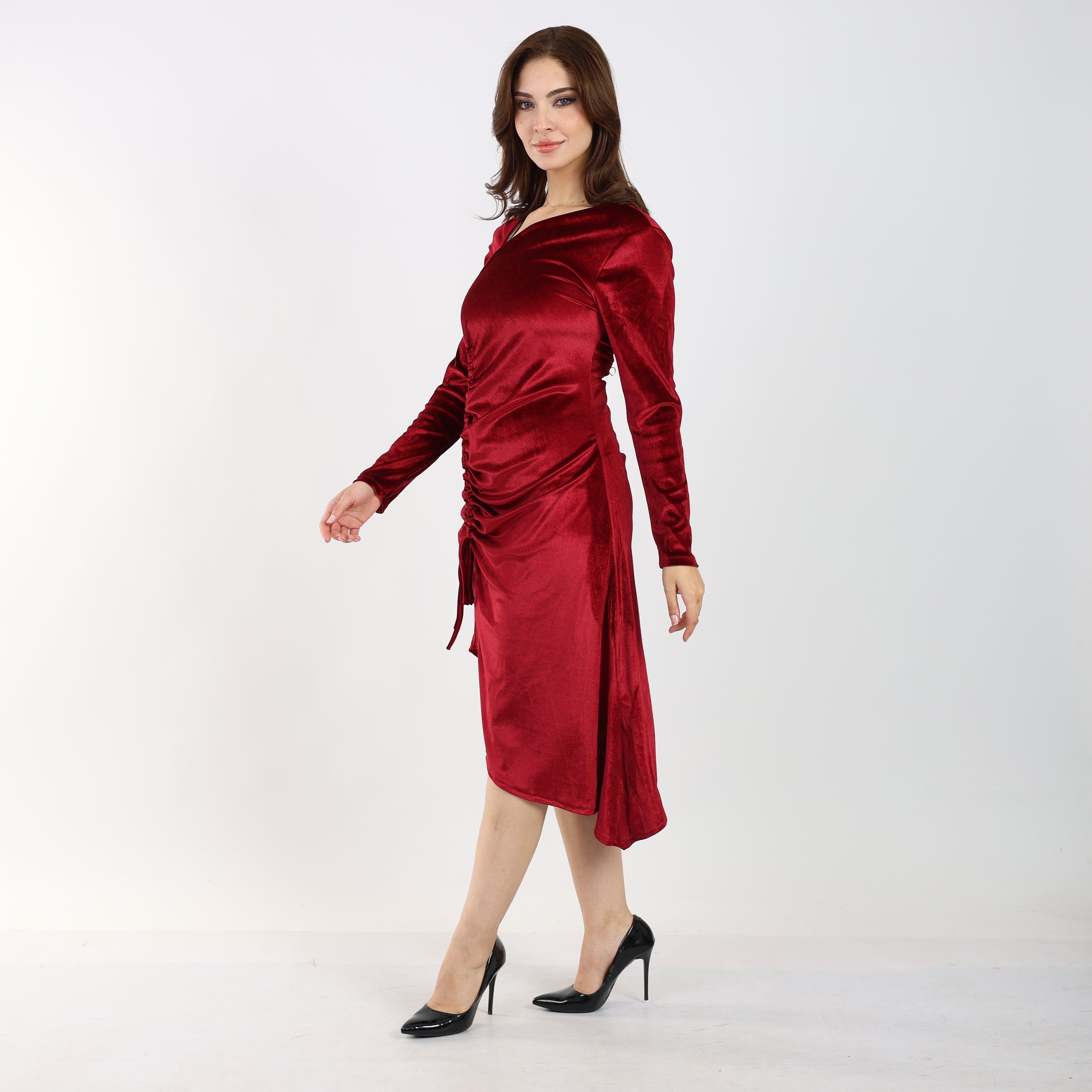 La Reine Brugeundy Velvet Asymmetric Midi Dress