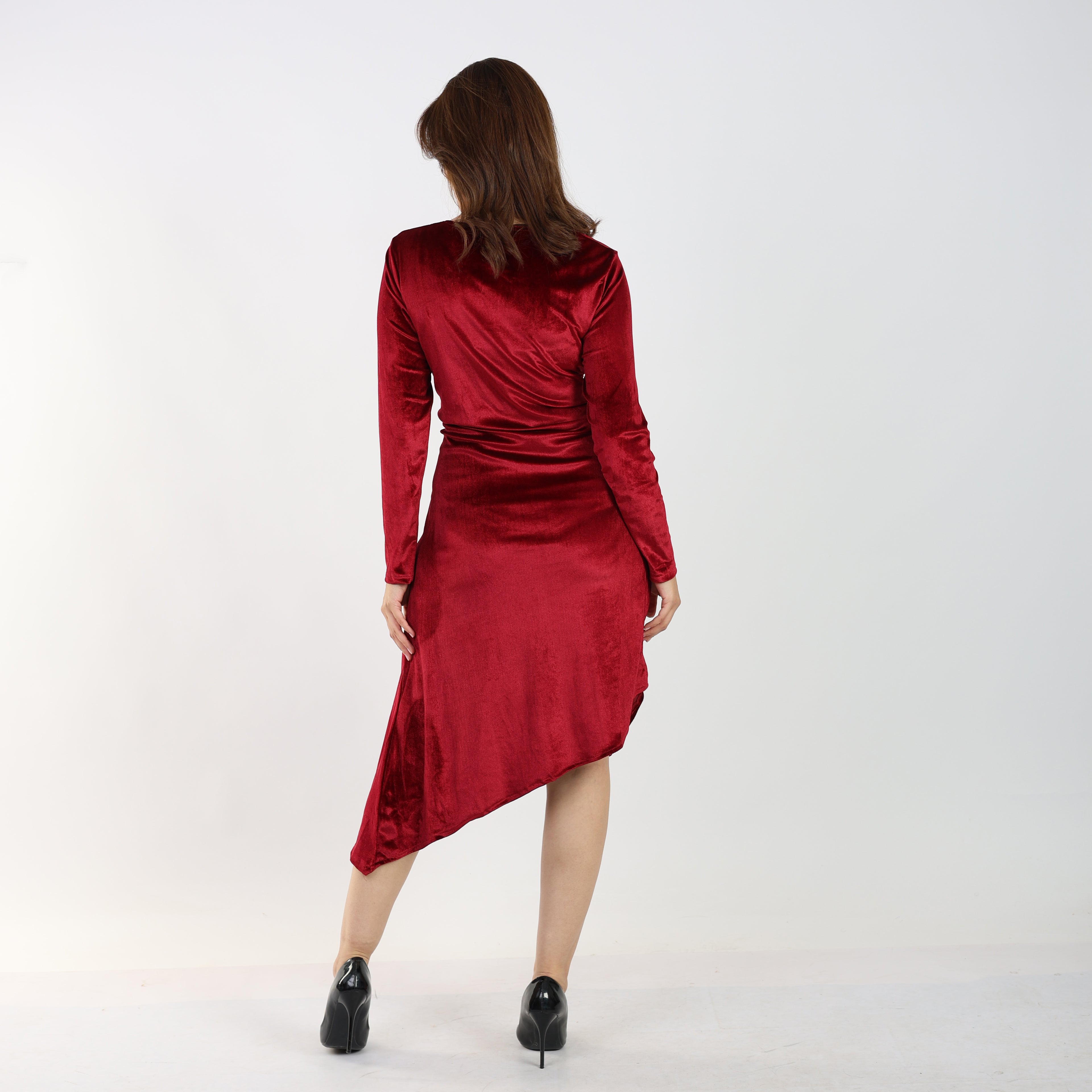 La Reine Brugeundy Velvet Asymmetric Midi Dress