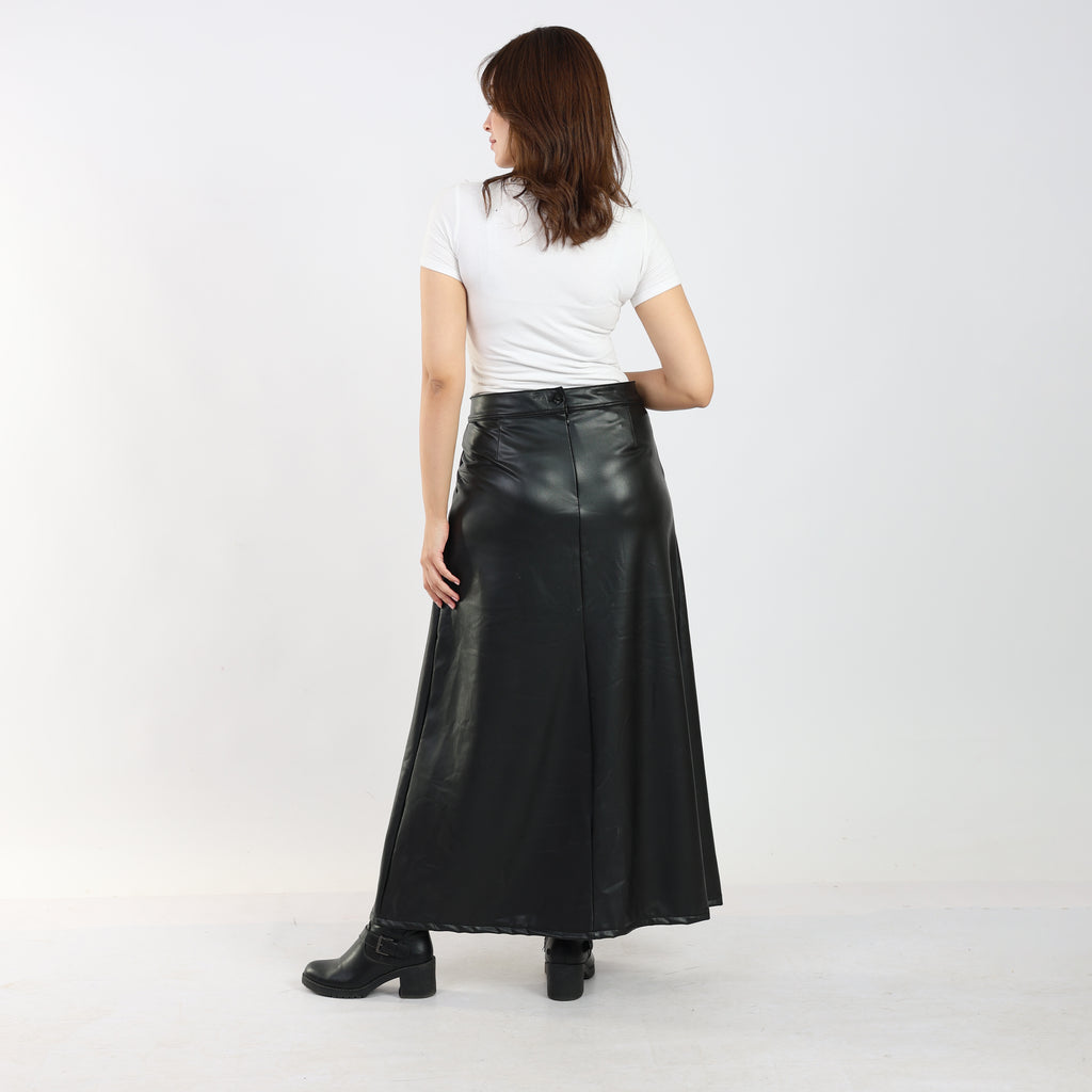 La Reine Black A-Line Leather Maxi Skirt