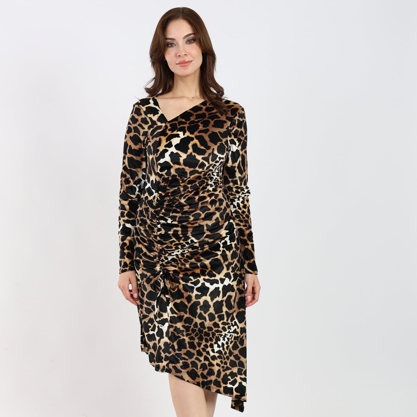 La Reine Leopard Velvet Asymmetric Midi Dress