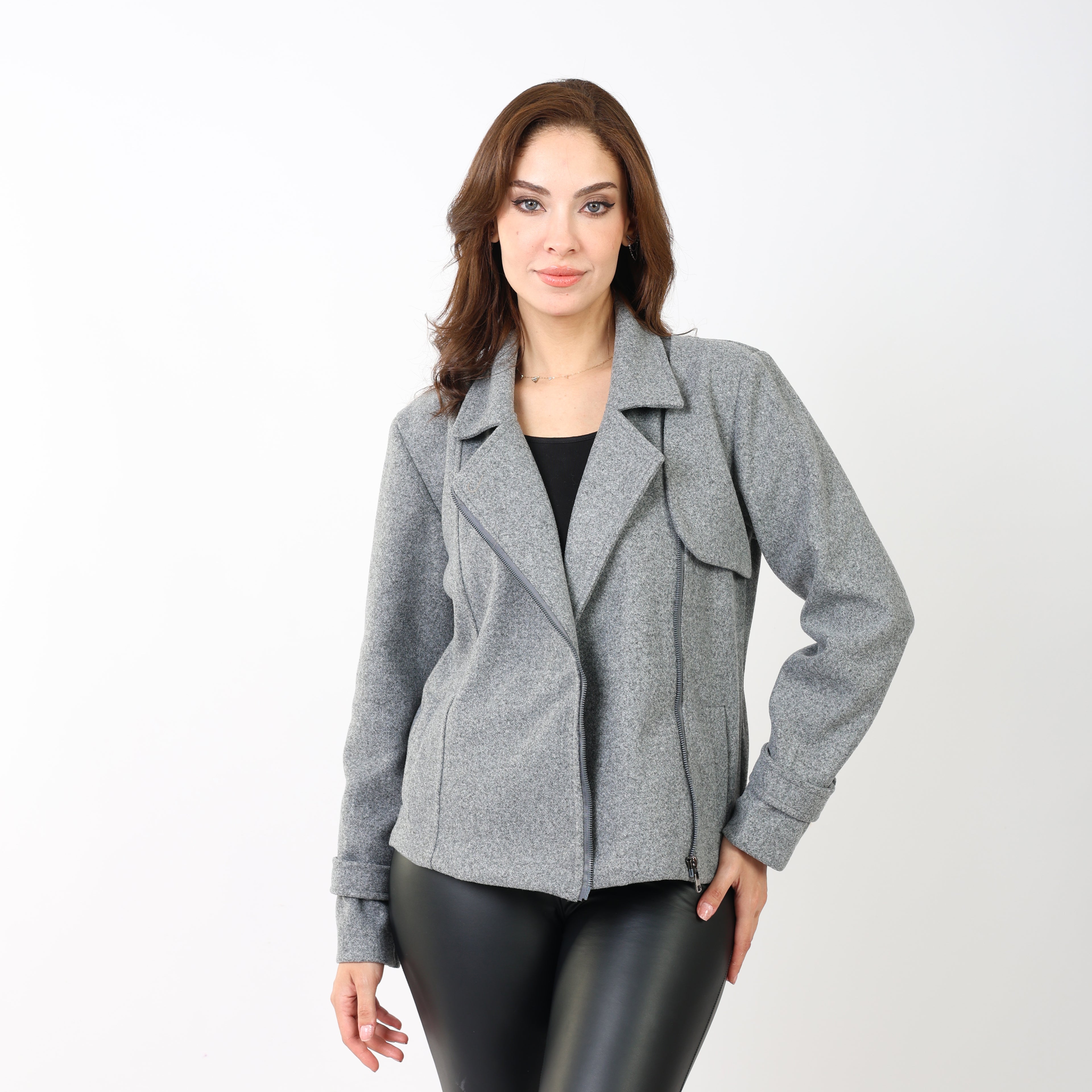 معطف قصير رمادي من الصوف من لا رين مزود بسحاب 