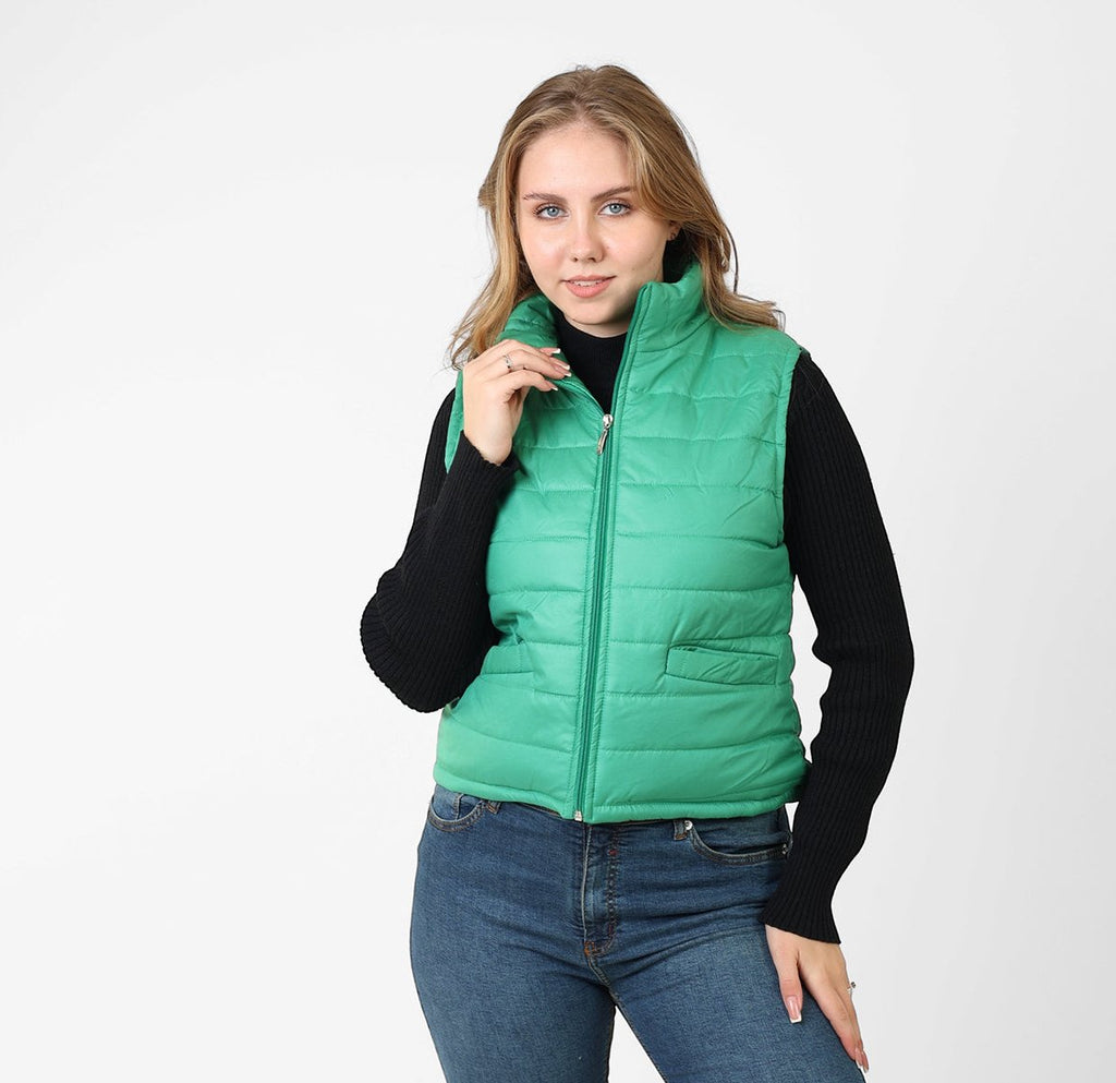 La Reine Green Stand Collar Lightweight Short Down Vest