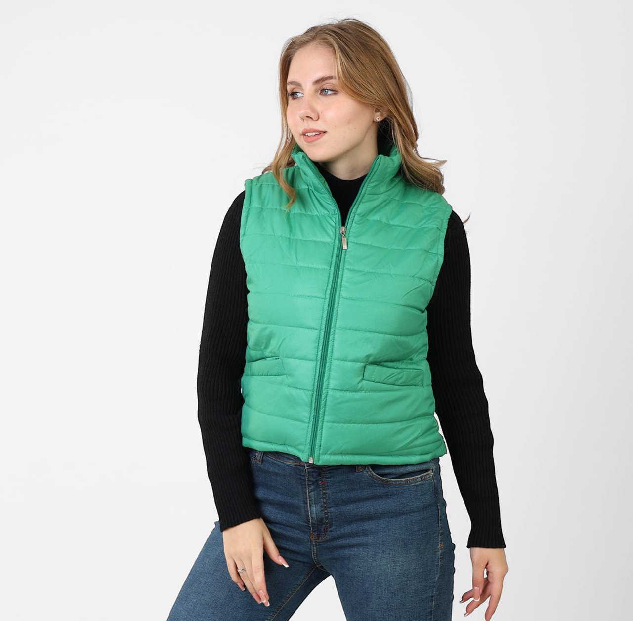 La Reine Green Stand Collar Lightweight Short Down Vest