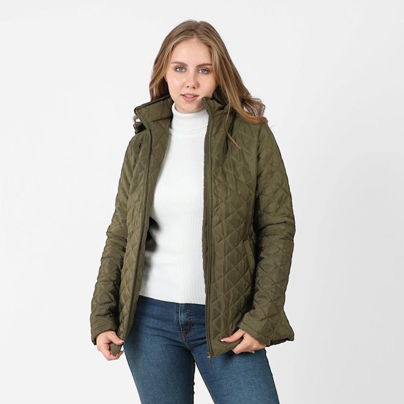 La Reine Olive Stand Collar Lightweight Hooded Jacket