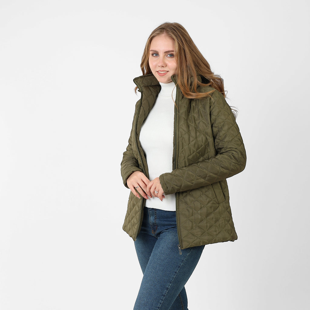 La Reine Olive Stand Collar Lightweight Hooded Jacket