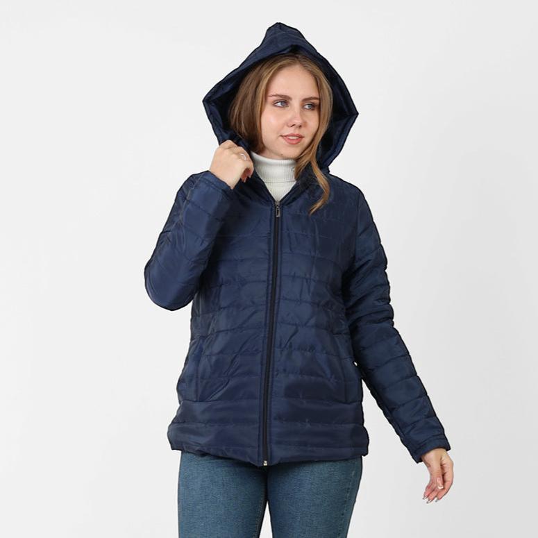 جاكيت لا رين أزرق أسود بياقة واقفة خفيف الوزن بغطاء للرأس